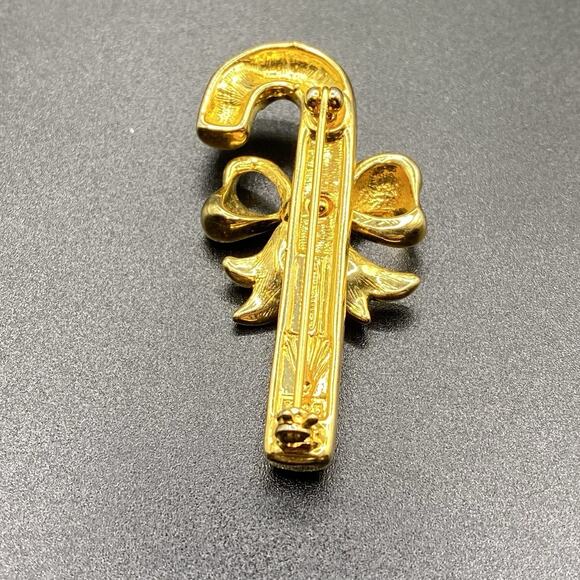 Vintage Merksamer Rhinestone Candy Cane Brooch Christmas Bow Gold Tone - Picture 4 of 7